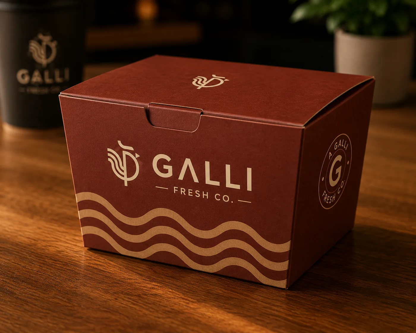 Galli Fresh Co. takeaway box in deep red with the cream wave pattern and the ecosystem seal