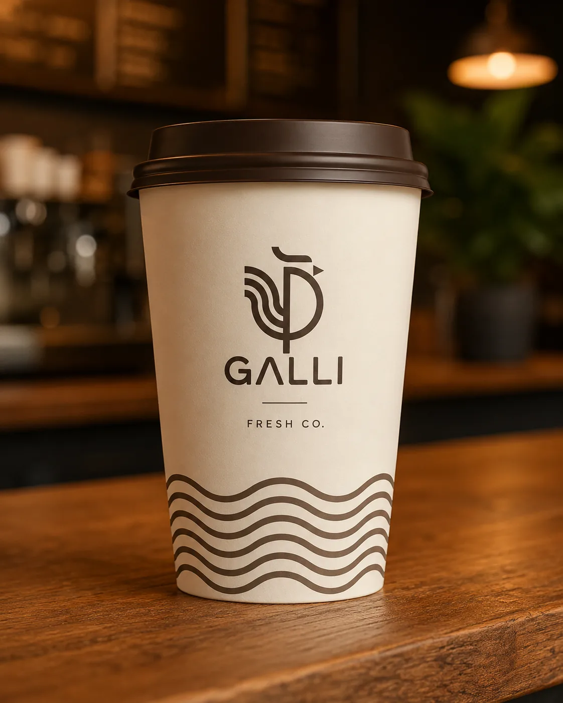 Galli Fresh Co. hot cup with the wave pattern, on the counter
